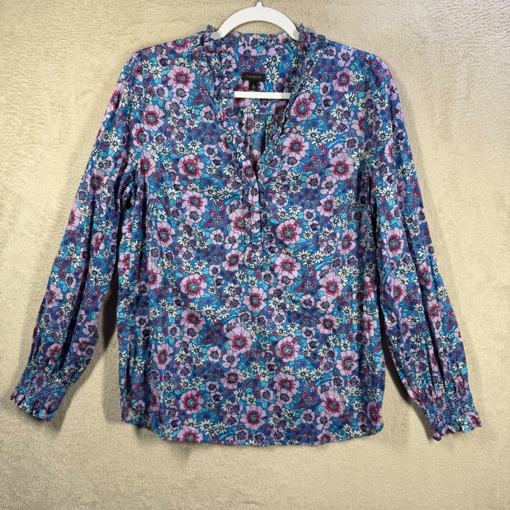 Talbots Floral Popover Blouse Womens Medium Blue Purple Cotton Ruffle Top